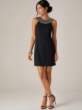 Alice + Olivia Black Silk Embellished Neckline Shift Dress  Size M